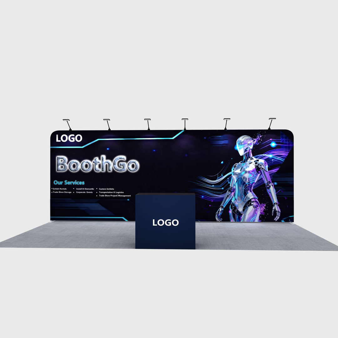 10X20 Straight Tension Fabric Trade Show Booth Display WIth Upgraded Wooden Cabinet