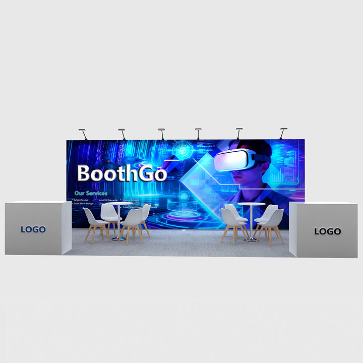 20ft SEG Fabric Display with Furnitures & Upgraded Wooden Cabinet